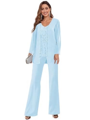 JAEDEN Damen 3 Teiligs Hosenanzug für Hochzeit Sequins Brautmutter Anzug Festlich Abendanzug Hellblau 50 von JAEDEN