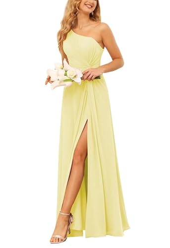 JAEDEN Damen Abendkleid A-Linie Eins Schulter Brautjungfernkleider Chiffon Kleider Elegant für Hochzeit Kanarienvogel 54 von JAEDEN