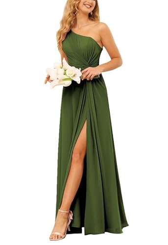 JAEDEN Damen Abendkleid A-Linie Eins Schulter Brautjungfernkleider Chiffon Kleider Elegant für Hochzeit Oliv 38 von JAEDEN