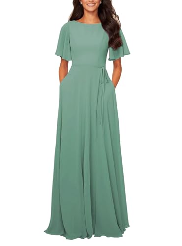 JAEDEN Damen Abendkleid Rundhals Chiffon Brautjungfernkleid Kurze Ärmel Hochzeits Gast Kleid Pastellgrün 54 von JAEDEN