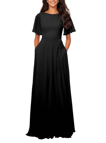 JAEDEN Damen Abendkleid Rundhals Chiffon Brautjungfernkleid Kurze Ärmel Hochzeits Gast Kleid Schwarz 42 von JAEDEN