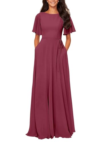 JAEDEN Damen Abendkleid Rundhals Chiffon Brautjungfernkleid Kurze Ärmel Hochzeits Gast Kleid Wüstenrose 58 von JAEDEN