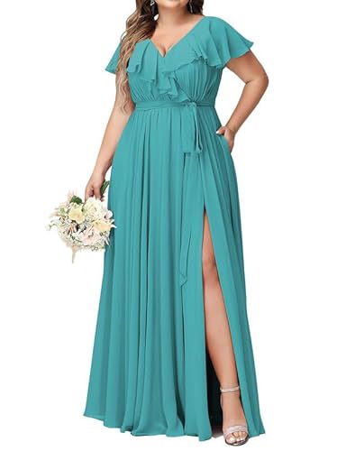 JAEDEN Damen Abendkleider Lang Elegant Brautjungfernkleid Große Größen Hochzeit Festliche Kleid Kurze Ärmel Aqua 50 von JAEDEN