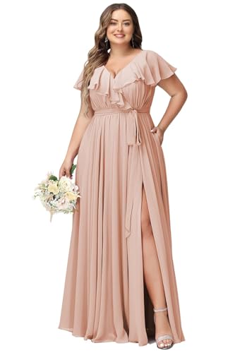 JAEDEN Damen Abendkleider Lang Elegant Brautjungfernkleid Große Größen Hochzeit Festliche Kleid Kurze Ärmel Blush 52 von JAEDEN