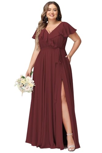 JAEDEN Damen Abendkleider Lang Elegant Brautjungfernkleid Große Größen Hochzeit Festliche Kleid Kurze Ärmel Burgund 48 von JAEDEN