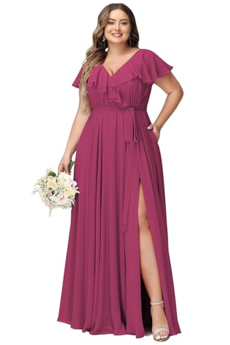 JAEDEN Damen Abendkleider Lang Elegant Brautjungfernkleid Große Größen Hochzeit Festliche Kleid Kurze Ärmel Fuchsie 54 von JAEDEN