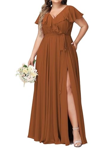 JAEDEN Damen Abendkleider Lang Elegant Brautjungfernkleid Große Größen Hochzeit Festliche Kleid Kurze Ärmel Gebranntes Orange 54 von JAEDEN