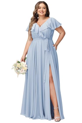JAEDEN Damen Abendkleider Lang Elegant Brautjungfernkleid Große Größen Hochzeit Festliche Kleid Kurze Ärmel Hellblau 44 von JAEDEN