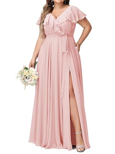 JAEDEN Damen Abendkleider Lang Elegant Brautjungfernkleid Große Größen Hochzeit Festliche Kleid Kurze Ärmel Hellrosa 44 von JAEDEN