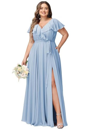 JAEDEN Damen Abendkleider Lang Elegant Brautjungfernkleid Große Größen Hochzeit Festliche Kleid Kurze Ärmel Himmelblau 56 von JAEDEN
