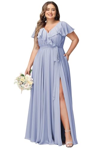 JAEDEN Damen Abendkleider Lang Elegant Brautjungfernkleid Große Größen Hochzeit Festliche Kleid Kurze Ärmel Lavendel 52 von JAEDEN