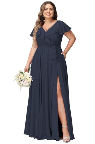 JAEDEN Damen Abendkleider Lang Elegant Brautjungfernkleid Große Größen Hochzeit Festliche Kleid Kurze Ärmel Marineblau 58 von JAEDEN