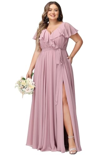 JAEDEN Damen Abendkleider Lang Elegant Brautjungfernkleid Große Größen Hochzeit Festliche Kleid Kurze Ärmel Mauve 38 von JAEDEN
