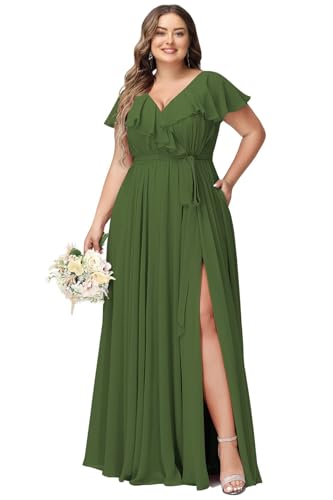 JAEDEN Damen Abendkleider Lang Elegant Brautjungfernkleid Große Größen Hochzeit Festliche Kleid Kurze Ärmel Oliv 40 von JAEDEN