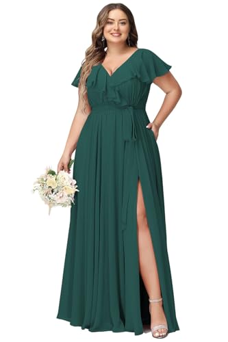 JAEDEN Damen Abendkleider Lang Elegant Brautjungfernkleid Große Größen Hochzeit Festliche Kleid Kurze Ärmel Pfau 48 von JAEDEN