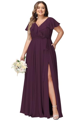 JAEDEN Damen Abendkleider Lang Elegant Brautjungfernkleid Große Größen Hochzeit Festliche Kleid Kurze Ärmel Plum 58 von JAEDEN