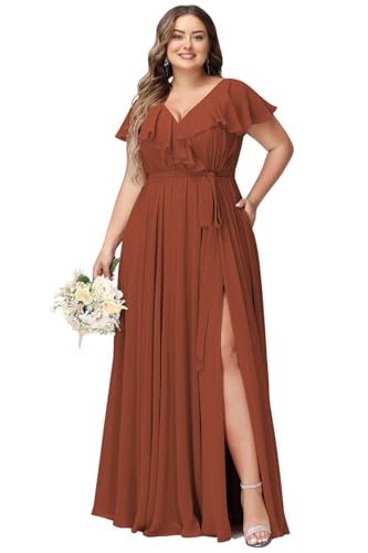 JAEDEN Damen Abendkleider Lang Elegant Brautjungfernkleid Große Größen Hochzeit Festliche Kleid Kurze Ärmel Rost 58 von JAEDEN