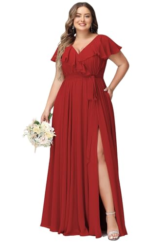 JAEDEN Damen Abendkleider Lang Elegant Brautjungfernkleid Große Größen Hochzeit Festliche Kleid Kurze Ärmel Rot 48 von JAEDEN