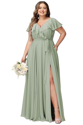 JAEDEN Damen Abendkleider Lang Elegant Brautjungfernkleid Große Größen Hochzeit Festliche Kleid Kurze Ärmel Sage 36 von JAEDEN