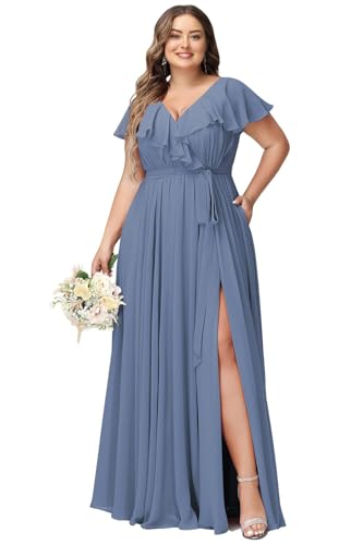 JAEDEN Damen Abendkleider Lang Elegant Brautjungfernkleid Große Größen Hochzeit Festliche Kleid Kurze Ärmel Schiefer Blau 44 von JAEDEN