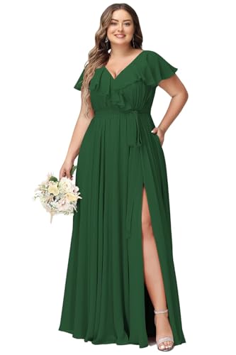 JAEDEN Damen Abendkleider Lang Elegant Brautjungfernkleid Große Größen Hochzeit Festliche Kleid Kurze Ärmel Smaragdgrün 54 von JAEDEN