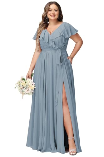 JAEDEN Damen Abendkleider Lang Elegant Brautjungfernkleid Große Größen Hochzeit Festliche Kleid Kurze Ärmel Staubiges Blau 58 von JAEDEN