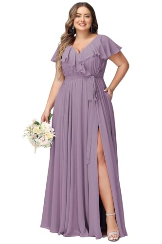 JAEDEN Damen Abendkleider Lang Elegant Brautjungfernkleid Große Größen Hochzeit Festliche Kleid Kurze Ärmel Staubiges Violet 44 von JAEDEN
