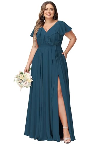 JAEDEN Damen Abendkleider Lang Elegant Brautjungfernkleid Große Größen Hochzeit Festliche Kleid Kurze Ärmel Teal 48 von JAEDEN