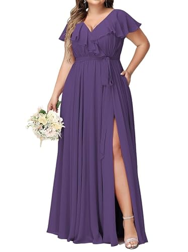 JAEDEN Damen Abendkleider Lang Elegant Brautjungfernkleid Große Größen Hochzeit Festliche Kleid Kurze Ärmel Violett 48 von JAEDEN