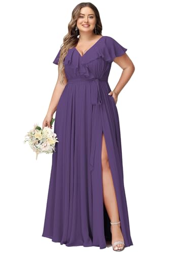 JAEDEN Damen Abendkleider Lang Elegant Brautjungfernkleid Große Größen Hochzeit Festliche Kleid Kurze Ärmel Violett 48 von JAEDEN