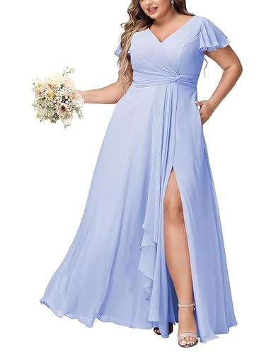 JAEDEN Damen Abendkleider Lang Elegant Brautjungfernkleider Große Größen Chiffon A-Linie Hochzeitsgast Kleid Kurze Ärmel Lavendel 36 von JAEDEN