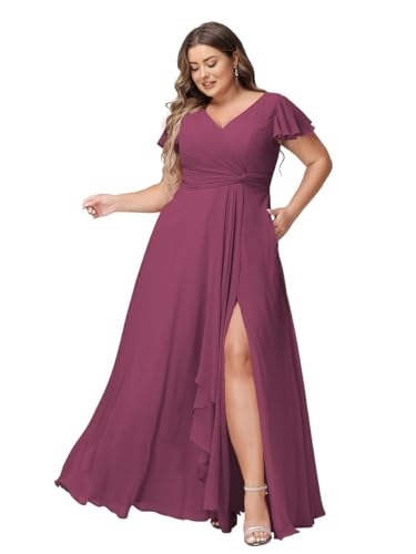 JAEDEN Abendkleider Lang Elegant Brautjungfernkleider Große Größen A-Linie Chiffon Hochzeitsgast Kleid Kurze Ärmel Maulbeere 46 von JAEDEN