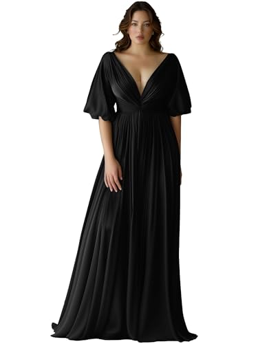 JAEDEN Damen Abendkleider Satin Brautjungfernkleider Große Größen Lange Festliche Kleid mit Ärmel Schwarz 52 von JAEDEN