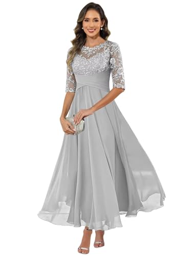 JAEDEN Damen Abendkleider für Hochzeitsgäste A-Linie Brautmutterkleider Spitze Festkleider Silber 46 von JAEDEN