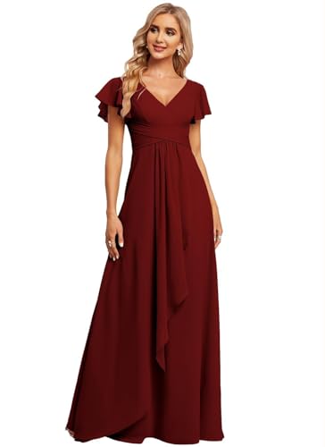 JAEDEN Damen Brautjungfernkleider Chiffon V-Ausschnitt Abendkleid mit Ärmel Formelle Hochzeit Party Kleid Burgund 36 von JAEDEN