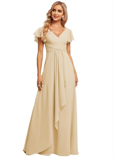 JAEDEN Damen Brautjungfernkleider Chiffon V-Ausschnitt Abendkleid mit Ärmel Formelle Hochzeit Party Kleid Champagner 40 von JAEDEN