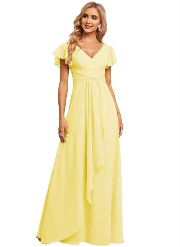 JAEDEN Damen Brautjungfernkleider Chiffon V-Ausschnitt Abendkleid mit Ärmel Formelle Hochzeit Party Kleid Gelb 42 JAEDEN Damen Brautjungfernkleider Chiffon V-Ausschnitt Abendkleid mit Ärmel Formelle Hochzeit Party Kleid Gelb 42 von JAEDEN