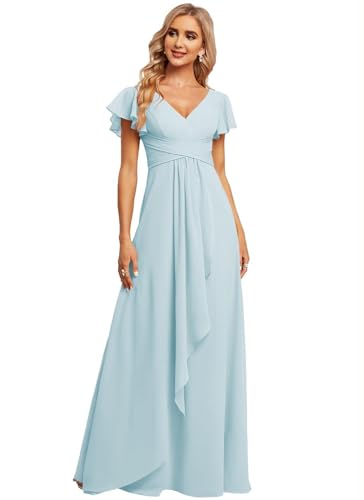 JAEDEN Damen Brautjungfernkleider Chiffon V-Ausschnitt Abendkleid mit Ärmel Formelle Hochzeit Party Kleid Himmelblau 38 von JAEDEN