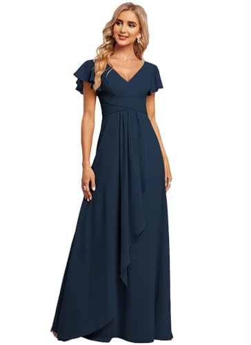 JAEDEN Damen Brautjungfernkleider Chiffon V-Ausschnitt Abendkleid mit Ärmel Formelle Hochzeit Party Kleid Marineblau 44 von JAEDEN