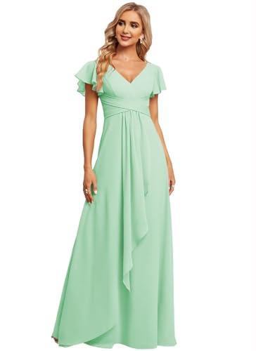 JAEDEN Damen Brautjungfernkleider Chiffon V-Ausschnitt Abendkleid mit Ärmel Formelle Hochzeit Party Kleid Mintgrün 42 von JAEDEN