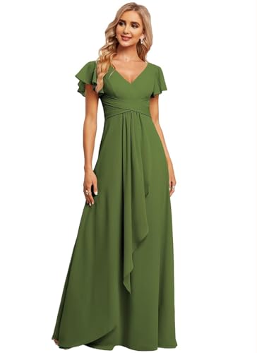 JAEDEN Damen Brautjungfernkleider Chiffon V-Ausschnitt Abendkleid mit Ärmel Formelle Hochzeit Party Kleid Oliv 36 von JAEDEN
