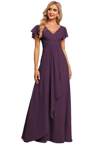 JAEDEN Damen Brautjungfernkleider Chiffon V-Ausschnitt Abendkleid mit Ärmel Formelle Hochzeit Party Kleid Plum 38 von JAEDEN
