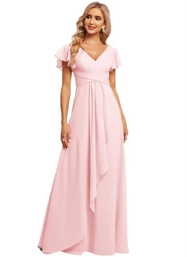 JAEDEN Damen Brautjungfernkleider Chiffon V-Ausschnitt Abendkleid mit Ärmel Formelle Hochzeit Party Kleid Rosa 42 JAEDEN Damen Brautjungfernkleider Chiffon V-Ausschnitt Abendkleid mit Ärmel Formelle Hochzeit Party Kleid Rosa 42 von JAEDEN
