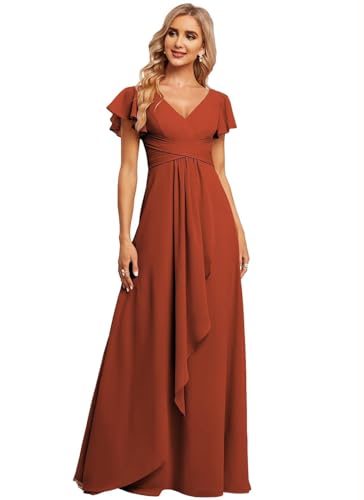 JAEDEN Damen Brautjungfernkleider Chiffon V-Ausschnitt Abendkleid mit Ärmel Formelle Hochzeit Party Kleid Rost 36 von JAEDEN