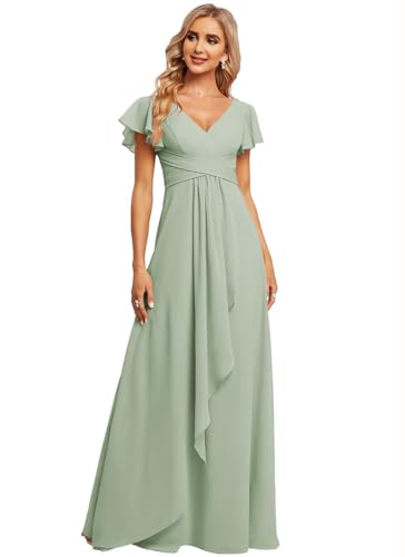 JAEDEN Damen Brautjungfernkleider Chiffon V-Ausschnitt Abendkleid mit Ärmel Formelle Hochzeit Party Kleid Salbeigrün 38 von JAEDEN