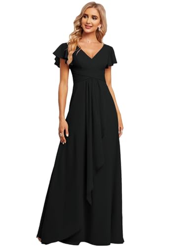 JAEDEN Damen Brautjungfernkleider Chiffon V-Ausschnitt Abendkleid mit Ärmel Formelle Hochzeit Party Kleid Schwarz 36 von JAEDEN