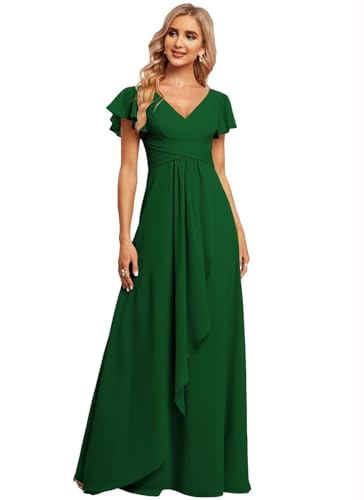 JAEDEN Damen Brautjungfernkleider Chiffon V-Ausschnitt Abendkleid mit Ärmel Formelle Hochzeit Party Kleid Smaragdgrün 46 von JAEDEN