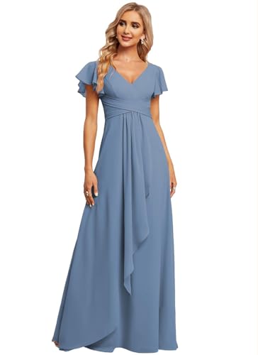 JAEDEN Damen Brautjungfernkleider Chiffon V-Ausschnitt Abendkleid mit Ärmel Formelle Hochzeit Party Kleid Stahlblau 38 von JAEDEN