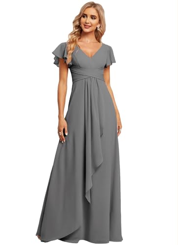 JAEDEN Damen Brautjungfernkleider Chiffon V-Ausschnitt Abendkleid mit Ärmel Formelle Hochzeit Party Kleid Stahlgrau 38 von JAEDEN