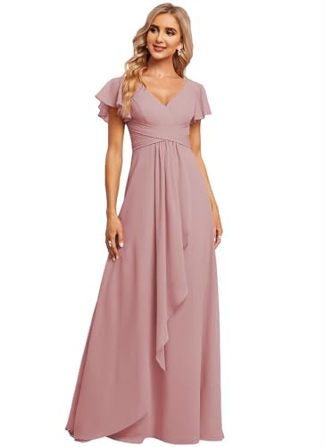 JAEDEN Damen Brautjungfernkleider Chiffon V-Ausschnitt Abendkleid mit Ärmel Formelle Hochzeit Party Kleid Staubige Mauve 56 von JAEDEN